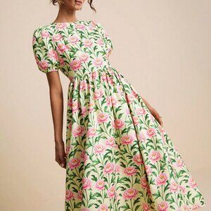 Yellow Boho Women's Floral Print Round-Neck Puff Sleeve A-Line Midi Dress